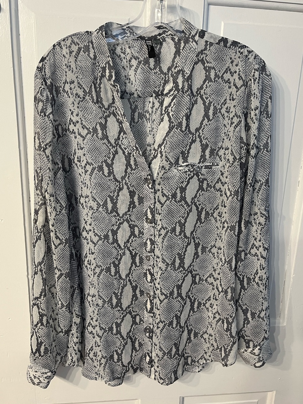 KUT from the Kloth Suze M Sheer blouse gray snakeskin pattern